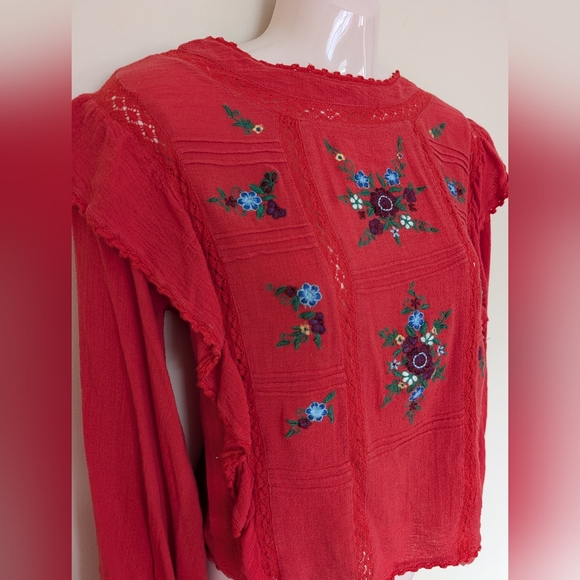Free People Amy Red Floral Embroidered Bordado Top Medium - Picture 7 of 16